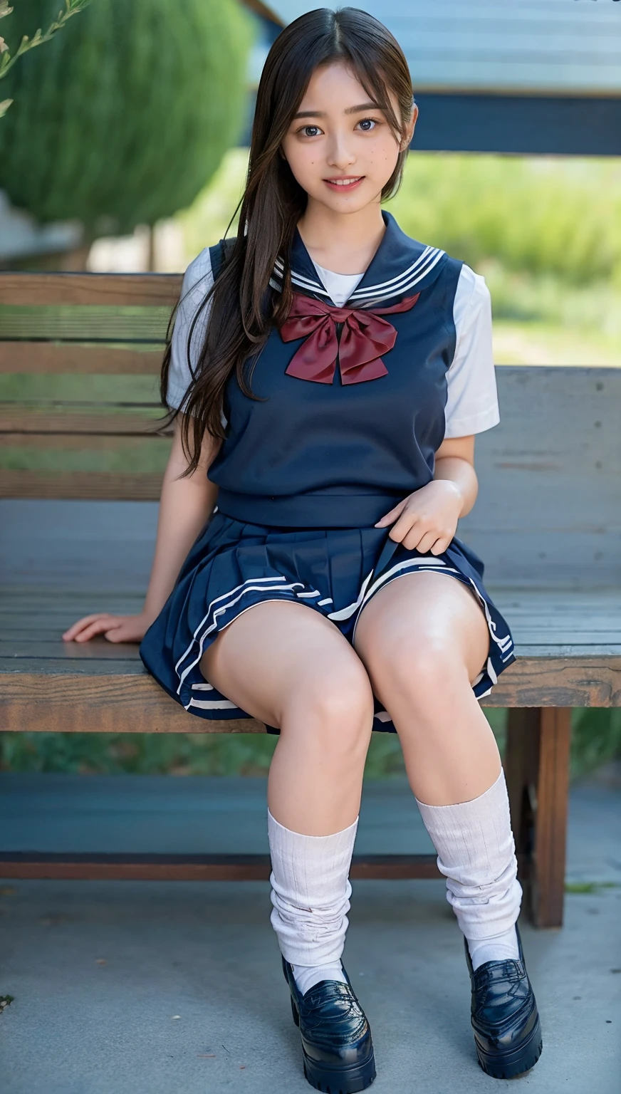 ((highest quality、8k、masterpiece:1.3)),((((fullbody shot)))),Ultra-high resolution,big eyes,Japanese,bangs,(a girl),(1 girl),((20 years old)),((facing at viewer)),((looking at viewer)),(long hair),(((black sailor uniform))),grin,((sitting)),(pleated mini skirt),(((platform shoes)))