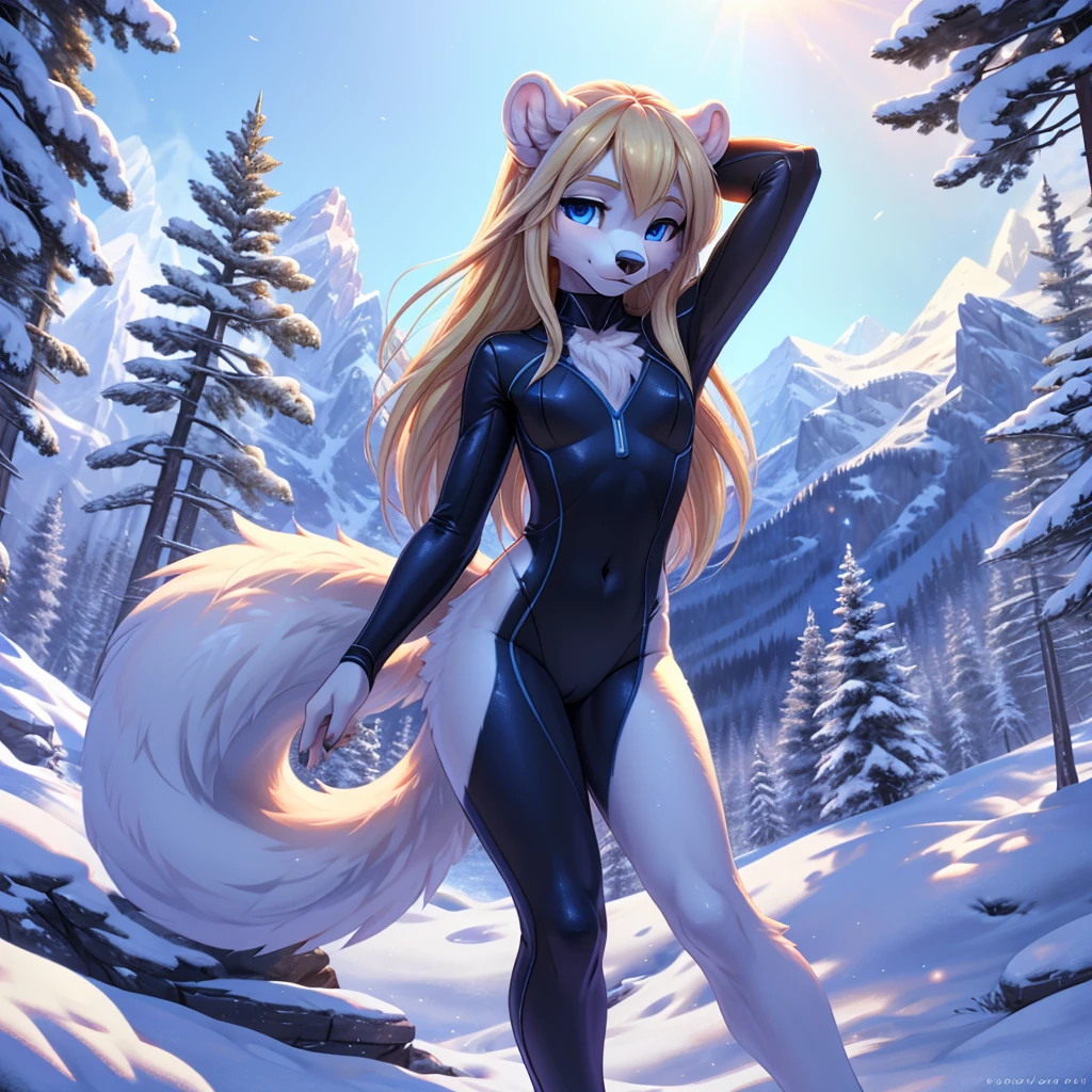 beautiful, (masterpiece), high quality, Highly detailed CG Unity 8k wallpaper, High resolution, perfect lighting, youthful, adolescent, tall, slim, skinny, frail slender figure, slim legs, medium breasts, furry polar bear character, distinctly feminine figure, narrow hips, long legs, thick, fluffy, volumetric fur, sporty black and pink full bodysuit, cinematic high fidelity, white fuzzy fur, loose long blonde hair, glamour pose, intimate, agile pose, close angle, detailed face, looking at camera, deep detailed blue eyes, detailed fluffy fur, fluffy fur texture, snowy mountain peak environment