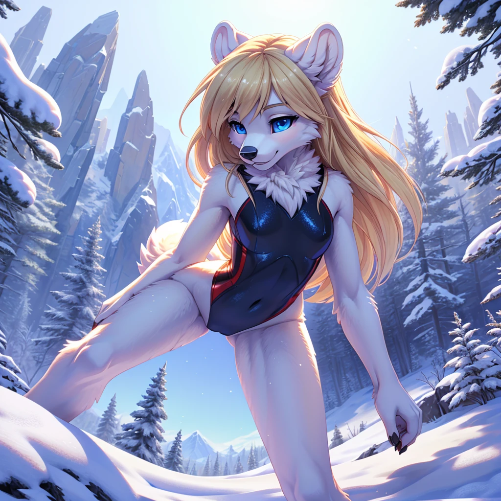 beautiful, (masterpiece), high quality, Highly detailed CG Unity 8k wallpaper, High resolution, perfect lighting, youthful, adolescent, tall, slim, skinny, frail slender figure, slim legs, medium breasts, furry polar bear character, distinctly feminine figure, narrow hips, long legs, thick, fluffy, volumetric fur, sporty black and pink full bodysuit, cinematic high fidelity, white fuzzy fur, loose long blonde hair, glamour pose, intimate, agile pose, close angle, detailed face, looking at camera, deep detailed blue eyes, detailed fluffy fur, fluffy fur texture, snowy mountain peak environment