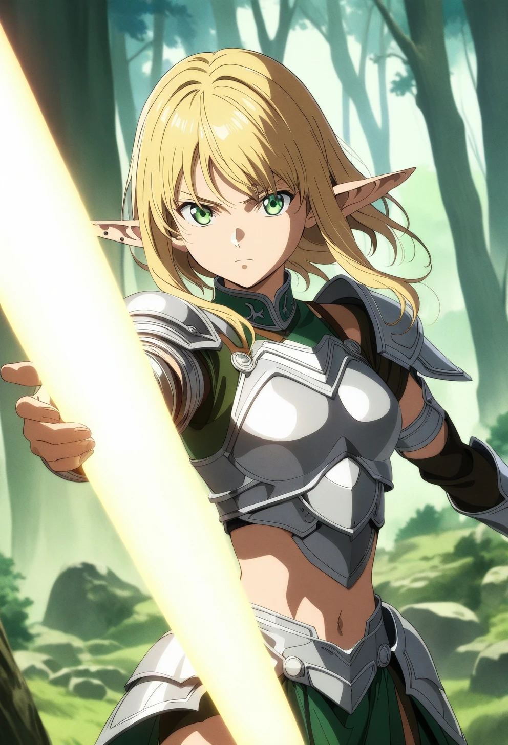 best quality, amazing quality, very aesthetic, absurdres, Create a full-body illustration of a young female elf warrior. She has long, flowing blonde hair and piercing green eyes. She is wearing silver armor with intricate designs, and she holds a glowing sword in her right hand. Her expression is determined and fierce, ready for battle. The background is a mystical forest with ancient trees and a glowing mist. (anime style:1.7), (highres:2), (realistic face:0.9)