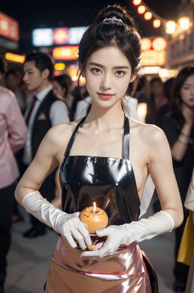 (((best quality))),(((ultra detailed))),(((masterpiece))),illustration,((1 beautiful girl,solo)),((slim,thin)),((small breasts,flat chest)),summer night,metropolis,barbecue joint,humble,vibrant energy,city that never sleeps,(short ponytail:1.2),(((female orgasmic,blush))),(sweat:1.3),(shiny skin:1.5),(sheer apron:1.3),((bare shoulders,bare arms)),(gloves:1.3),(slender legs:1.2),lightweight,practicality,style,sizzling hot grill,smooth,tanned skin,soft glow,skillfully,skewers,meat,intense concentration,bright eyes,alert,passion for work,atmosphere,vibrant,dynamic,laughter,conversation,sizzle,crackle,aromatic scent,tinged,radiant smile,genuine enjoyment,easy manner,warm presence,community,dedication,beauty in simplicity,midst of bustling city streets,outdoor,midnight,((from front,upper body)),(surrounded by crowded crowds:1.3)