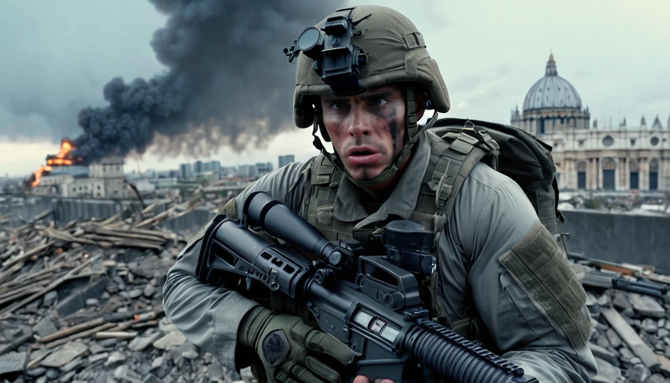 apocalyptic, soldier man with crazy stare, stressful sight, shocked sight, smoke, cloudy gray sky, 4:00 p.m. day time, extremely detailed, masterpiece, the better quality, 8K UHD, close up, face portrait, tactical gear, (perfectly well made and detailed M240 Machine Gun), holding weapon, highly detailed devastated big city background, afternoon a little bit dark atmosphere, volumetric illumination, a lot of books in the ground, visible devastated cathedral with a cross, 