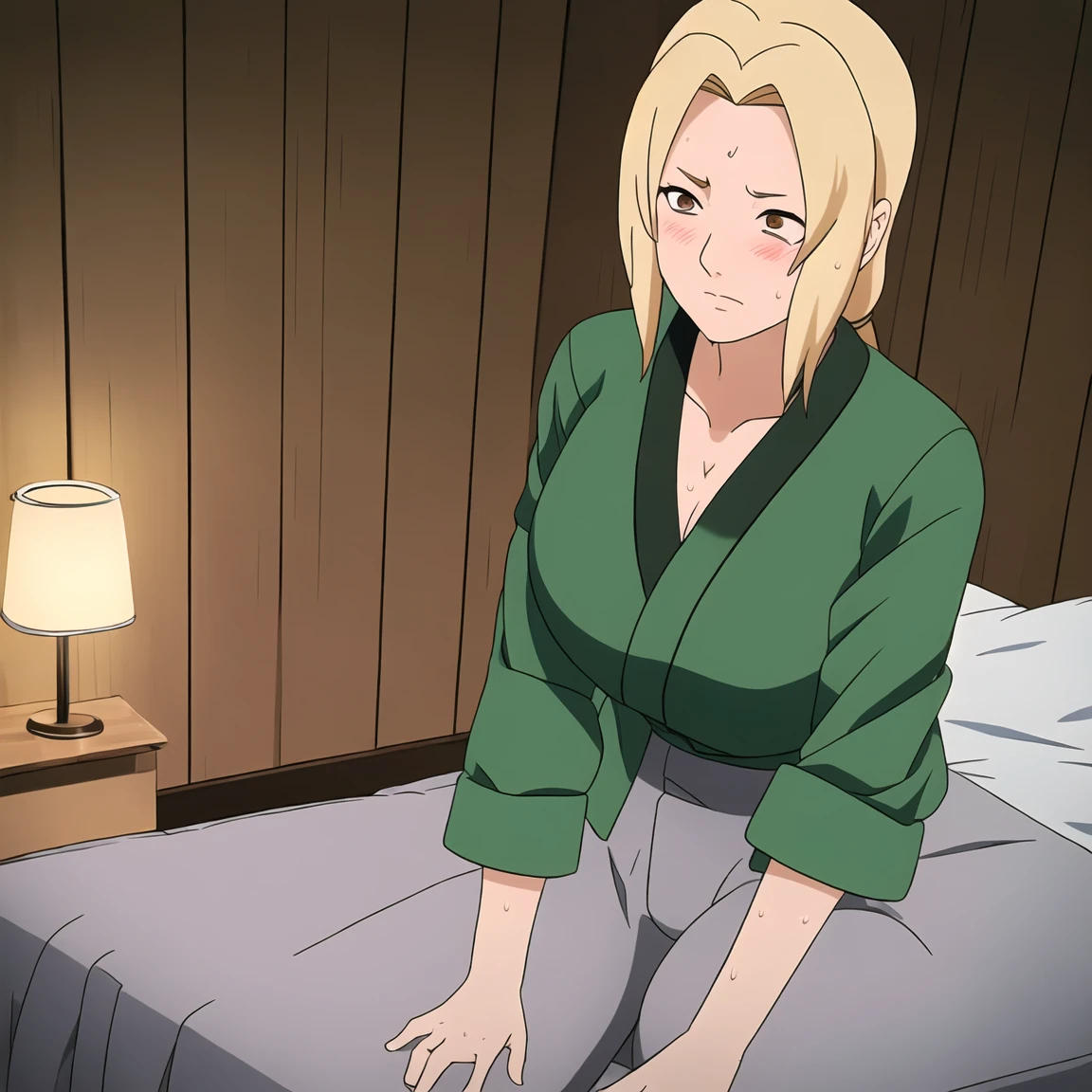 Tsunade, Blonde hair, Huge breasts, Mature female, Blue pants, Green coat, Chest bandage (masterpiece:1.2, best quality:1.2, beautiful, high quality, high resolution:1.1, Aesthetic), detailed, extremely detailed, ambient soft lighting, 4K, Perfect lighting（indoor，Lying in bed，indoor，）），(at the hotel，nervous，))，（（blush，Uncomfortable expression，）），（（blush，特别blush，nervous，Sweating，Sweating，）），（Sexy pose），（blush，Sweating）