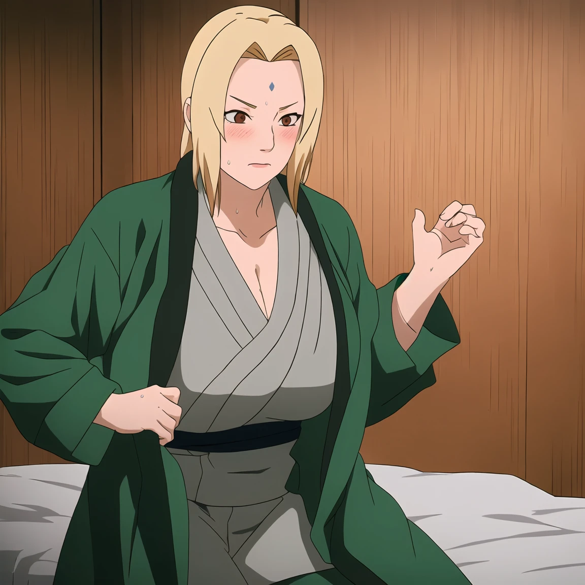 Tsunade, Blonde hair, Huge breasts, Mature female, Blue pants, Green coat, Chest bandage (masterpiece:1.2, best quality:1.2, beautiful, high quality, high resolution:1.1, Aesthetic), detailed, extremely detailed, ambient soft lighting, 4K, Perfect lighting(indoor,Lying in bed,indoor,)),(at the hotel,nervous,)),((blush,Uncomfortable expression,)),((blush,特别blush,nervous,Sweating,Sweating,)),(Sexy pose),(blush,Sweating)