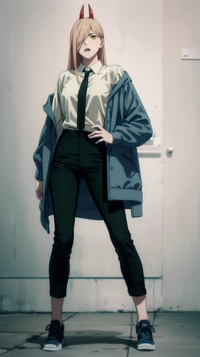 (Full body shot:1.3), standing, White background, Upright stance,ultra realistic 8k cg, masterpiece, (highly detailed, fine details), best quality, 1girl, (photorealistic:1.4),beautiful lighting, absurdres, RAW photo, film grain, csm anime style, 1girl, horns, solo, teeth, sharp teeth, long hair, hair over one eye, demon horns, yellow eyes, hood, blonde hair, anime coloring, red horns, jacket, black pants, power (chainsawman), cross-shaped pupils, horns, white shirt, pants, collared shirt, black necktie, blue jacket,