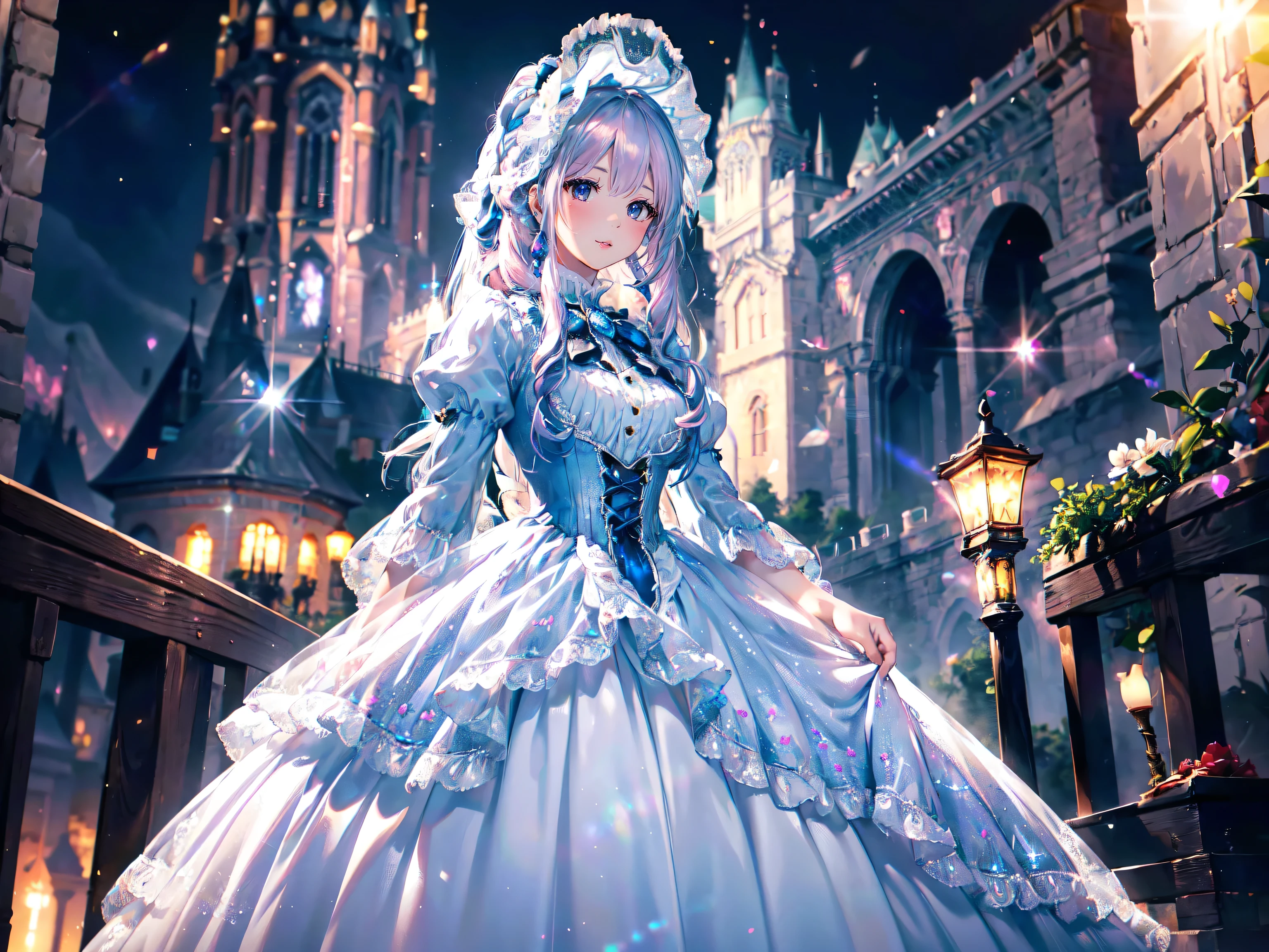 (((dress transparent dress))), (((Unsurpassed gorgeous rococo victorian gown with voluminous hoopskirt and long hems, princess style skirt))), (gown brilliances dazzlingly glitter reflective prismatic transparency gown:1.2), (gown ultra elaborate gown:1.5), ((huge breasts)), (Expressive hair), very voluminous and very long hair, bangs, super delicate and beautiful face, beautiful lips, (hyper detail delicate beautiful eyes), breasts cleavage, beautiful smile, (((young face, solo Captivating Adorable princess, teen girl, cute girl, very cute girl))), (anime moe art style1.3), (((Masterpiece, Super detail, top quality, ultra high res, Spectacular Quality, Distinguished Quality, ultra detailed, ultra high res, unity 16k, 32k, ultra photo realistic))), (face focus, eye focus, realistic, blurry background, Lens Flare, Glow, Light caustics effect:1.5), (night church background:1.3), 