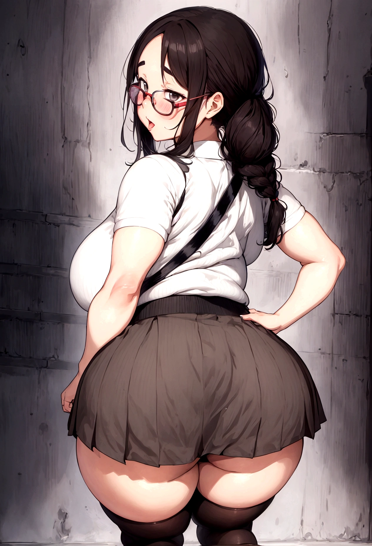 Anime-style image of a woman wearing a short skirt and glasses, hyperRealistic , a hyperRealistic , chic, Realistic , , Gwaiz, artwork in the style of Gwaiz, (SFW) Safe at Work, [ 4k digital art ]!!, Short full body portrait!,(masterpiece), (One serious civil service commissioner: 1.3), (Super thick and plump body: 1.3), (Huge breasts and buttocks)), (Small Head: 1.2), (Very small uniform)), (Shiny skin: 1.2), (A speech while crouching in the stands in the schoolyard in the morning)), {fat},1boy, penis, doggystyle, from behind, spreadassms, chubby body, fat body, short,ultra detailed, masterpiece, best quality, blush, a woman, rolling eyes, open mouth, school girl, wearing , wearing glasses, classroom, sunset, light particles, hdr, brown grey hair, midium wavy hair, shiny hair, bang, single braid, clear grey eyes, Smiling Kiss, Tongue Out, アニメ ,orgasm face, sexual climax, bitch, back shot, back view, low angle, from below, back view, arched back, looking back, all fours, chubby body, BIG ASS , saliva, BBW, slender waist, anal, seiza, hands on head,white eyes, Hand Drawn, Showing Ass, Bobcut, Knee socks, (Super thick and plump body: 1.3), Butt sticking out, Close your legs, seiza, spread legs, pleated skirt, Stretch your arms back, long pleated skirt, I can&#39;t see your butt, Buttocks hide, Arms folded behind back, Super big butt, Awesome numbness , Plump , Chubby, Butt sticking out,