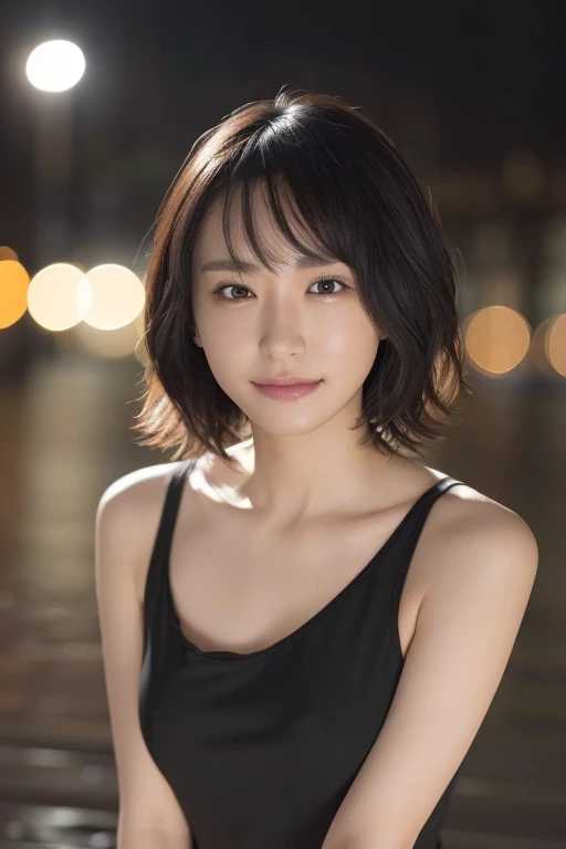 Random Pause, Mix 4, (8K, Original photo, Highest quality, masterpiece: 1.45), (Actual, Vibrant: 1.37), Skinny Japanese woman, One girl, charm, City view, night, rain, Wet, Professional Lighting, Photon Mapping, Radio City, Physically Based Rendering, Gradient black hair, Short Curly Hair, good looking, girl, T-Shirts, High resolution, 1080P, (Beautiful Face), (Detailed facial depiction), (Detailed description of the hand), (Detailed CG), Extreme light and shadow, Messy Hair, Lots of details, (exquisite features), (Highest quality photos), (Beautiful Eyes), Look in front of you, Thin clavicle,