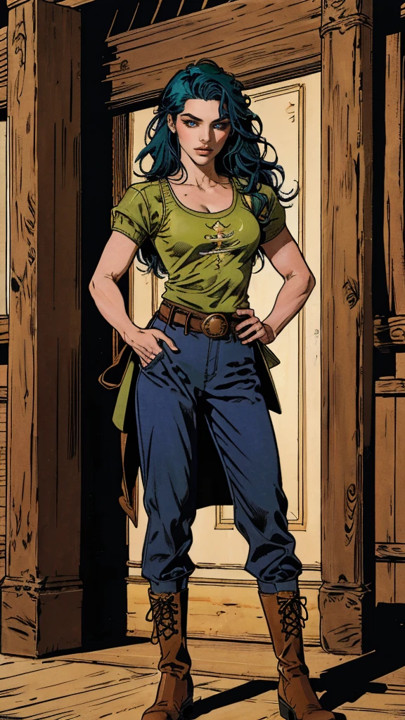 ((Young woman with flowing long dark blue hair., long bangs with side parting, covering the right side of the face, sharp arched thick eyebrows, large expressive eyes, Delicate oval of the face, sensual wide mouth, mocking expression, Emerald Green Fantasy Martial Arts Short Jacket with Blue Tank Top., High collar, Rolled-up sleeves, matching fabric trousers, yellow waist belt, leather combat boots, one hand is on the hip, surrounded by a blue energetic aura, standing in a Chinese fantasy tavern)), this character embodies a beautifully crafted anime style fantasy martial arts heroine., refined and mature manga style, pale skin, A high resolution, Best quality, A high resolution, ultra detailed, ultra fine painting, extremely delicate, professional, anatomically correct, symmetrical face, extremely detailed eyes and face, High quality eyes, creativity, Raw photo, uhd, 32 thousand., Natural light, Cinematic lighting, masterpiece-anatomy-perfect, masterpiece:1.5