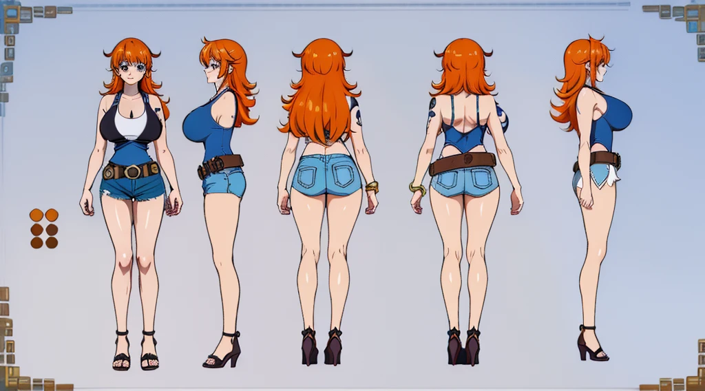 ((Best Quality)), ((Masterpiece)), (((detailed character sheet, frontal view, side view, three quarter view))) white background、one piece、US、whole body、whole bodyイラスト、whole bodyアニメーション、whole bodyリファレンスシート、denim、Tank top、High heels、Swimwear、bikini、original、New World、Long Hair、Orange Hair、Tattoo on left arm、Ring belt、Heighten your head、smile、Cute face、Big Breasts、Narrow waist、Long legs、Beautiful feet