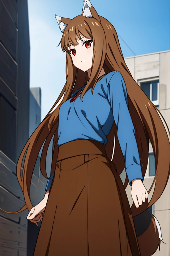 (masterpiece:1.3), (best quality:1.1), (8k, ultra detailed, ultra high res:1.2), ((anime style:)), (perfect 5 fingers:1.1), perfect anatomy, 
1girl, wolf girl, 
holo, 
BREAK long hair, wolf ears, fuffy hair in the ears, 
brown hair, 
red eyes, BREAK blue T-shirt, brown skirt, long skirt, 
small breasts,   
BREAK looking at viewer, 
cowboy shot, 
standing, 
perfect light, 
outdoor, outside, city, cityscape, 