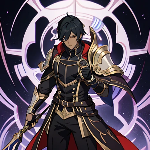 a male anime,dark skin,single character, style Hyacinthe Rigaud, black suite, short black hair with white highlights, barba, visual novel sprite, detailed black armor, high qualiy, cinematic, dramatic pose, details Intricate, swirly vibrant colors, work of art, impacto genshin. 