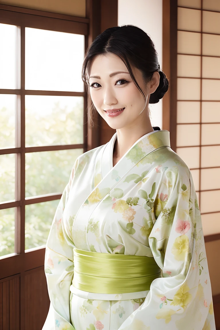 (最high quality、Tabletop、8K、Best image quality、Award-winning works)、(一人のbeautiful成熟した女性:1.1)、Adult face、(Innkeeper:1.1)、(Elegant floral kimono:1.2)、(A kimono with a perfect and precise collar:1.2)、Perfect mature woman portrait photo、Glowing Skin、Standing Elegantly、(Blurred elegant and exquisite perfect Japanese style room background:1.3)、(The most natural and perfect tidy Japanese style room background:1.2)、Glowing White Skin、Very white skin、(Accentuate your body lines:1.1)、(The most graceful posture:1.2)、(Large Breasts:1.2)、A perfect smile、完璧なbeautiful光沢のある唇、(Accurate anatomy:1.2)、(A perfect and elegant outfit:1.1)、(Standing with good posture:1.1)、(beautiful, high quality, Large kimono obi:1.2)、(Long kimono:1.2)、(完璧で自然なbeautiful袖:1.2)、(完璧で自然なbeautiful衿:1.2)、(完璧で自然なbeautiful着物:1.2)、(完璧で自然なbeautiful袂:1.2)、(完璧で自然なbeautiful帯締:1.2)、(Chignon:1.1)、(Natural and perfect wrist:1.1)