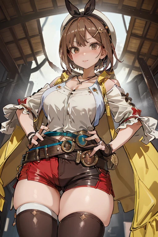 (extreme close-up of thigh:1.5), (The view is from very close below:1.5), Pushing hips forward, arms behind back, seductive smile,
Beautiful Eyes,Symmetrical eyes,Big eyes:1.5,Seductive eyes,Highly detailed face, Highly detailed CG,
(Perfect hands, Perfect Anatomy),{best illustration},(erection of nipple),Camel Toe,Perfect Fingers,
((Highest quality)), ((masterpiece)),High resolution,Sharp focus,(Highly detailed CG Unity 8k wallpaper),1girl,
(((Vibrant colors))), Perfect Face,Seductive eyes,Liza Lynn Stout, Raisalin Stout,
(Huge hips:1.3),(Huge breasts, Glamour:1.1),glamorous_expensive_Tight waist_Long legs,curve,Thighs,curvy,
very shiny 肌,Shiny body,plastic glitter 肌,exaggerated shiny 肌,illuminated 肌,
cute,Bold,short hair,Brown Hair, (Brown eyes:1.5),ルビー飾りのnecklace,hair ornaments, Hair Clip, jewelry,necklace,
White Hat,Knee socks,gloves, brown gloves, 片手gloves,leathergloves,
Shorts, belt, 赤いShorts, leather, yellow sleeveless jacket,