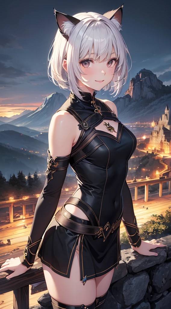 beautiful details한 소녀, clear and beautiful, glowing skin, female, no, young, 20 years, Short hair, Short hair, beautiful details glass hair, ((brilliant white, black greek costume)) beautiful details, warm face, beautiful and delicate eyes, middle 가슴, brown eyes, real skin texture, Very nice 8KCG wallpaper, Very cool 8K CG wallpaper, Watercolor (middle), female warrior, (((cat ears))), (((dark, dark Night, midnight))) (((nature background, mountain, wood))), ((outdoors)), upper body cut, Costume colors are colorful and saturated.., bright smile, calm posture, Informative pose, kindness, Subtle expressions
