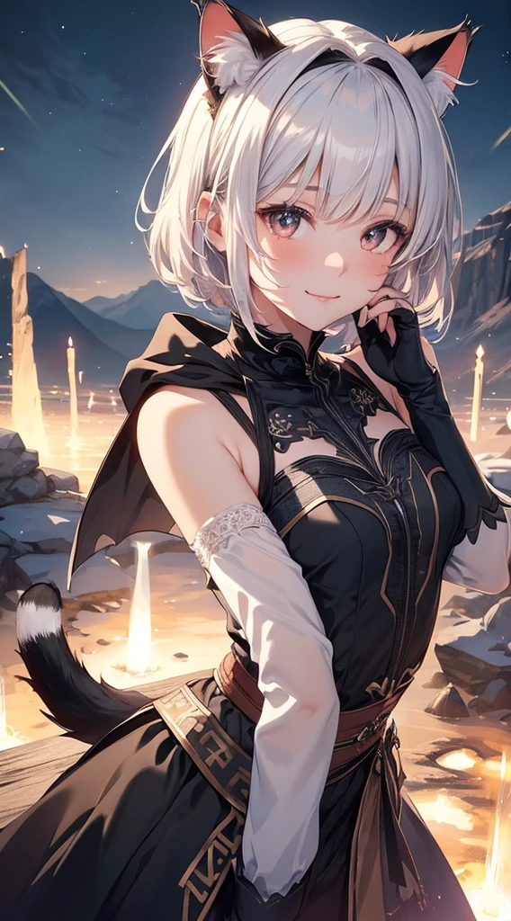 beautiful details한 소녀, clear and beautiful, glowing skin, female, no, young, 20 years, Short hair, Short hair, beautiful details glass hair, ((brilliant white, black greek costume)) beautiful details, warm face, beautiful and delicate eyes, middle 가슴, brown eyes, real skin texture, Very nice 8KCG wallpaper, Very cool 8K CG wallpaper, Watercolor (middle), female warrior, (((cat ears))), (((dark, dark Night, midnight))) (((nature background, mountain, wood))), ((outdoors)), upper body cut, Costume colors are colorful and saturated.., bright smile, calm posture, Informative pose, kindness, Subtle expressions