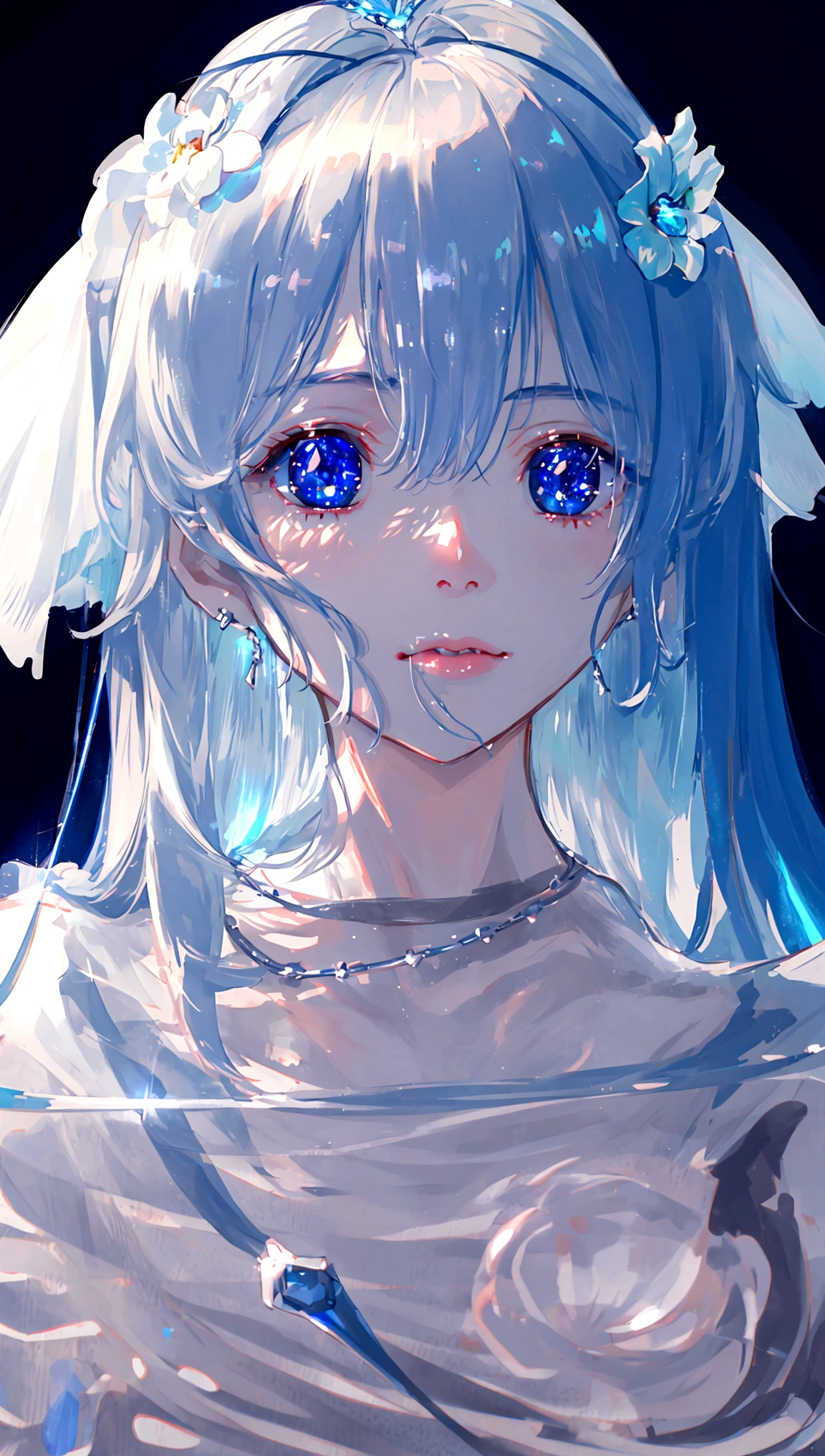 masterpiece, Highest quality, figure, Sax Blue, Platinum Earrings, Platinum Necklace, White Dress, One girl, cute, (Dynamic Lighting:1.2), Cinema Lighting, Delicate facial features, Fine grain, Sharp pupils, Realistic students, Depth of written boundary, Bokeh, Sharp focus, (Ultra-detailed, bloom, shine:1.4), Lots of little gems、Water Fairy、The shading is soft、Background under the sea