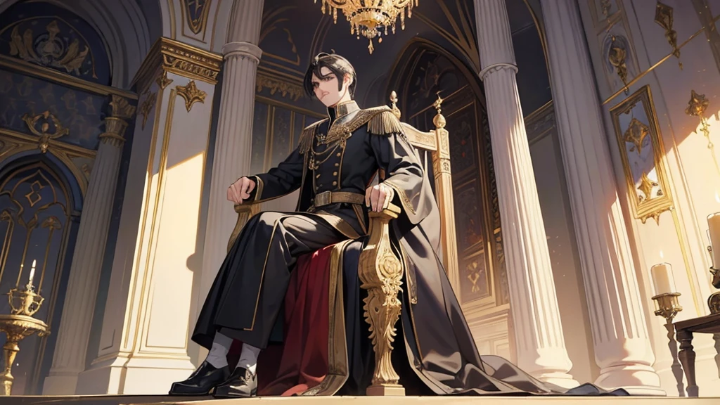 Middle Ages, Nobility, Grown up prince, black hair, short hair, the king sits on a majestic throne inside a majestic palace. The environment around it is majestic. Black Throne with silver and gemstone details. The protagonist is dressed in royal clothes., Arrogant Posture, the king&#39;s beautiful black and blue robe, with a determined expression on his face, when he looks at the horizon with glowing and piercing blue eyes, Sharp facial features, masterpiece, Best quality, Concept art in 8K resolution, Fantasy art, epic art, concept art wallpaper 4K, deep color,  ((adult, Beautiful, tall guy, big torso, broad shoulders)).