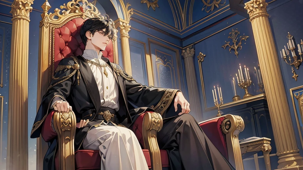 Middle Ages, Nobility, Grown up prince, black hair, short hair, the king sits on a majestic throne inside a majestic palace. The environment around it is majestic. Black Throne with silver and gemstone details. The protagonist is dressed in royal clothes., Arrogant Posture, the king's beautiful black and blue robe, with a determined expression on his face, when he looks at the horizon with glowing and piercing blue eyes, Sharp facial features, masterpiece, Best quality, Concept art in 8K resolution, Fantasy art, epic art, concept art wallpaper 4K, deep color, ((adult, Beautiful, tall guy, big torso, broad shoulders)).