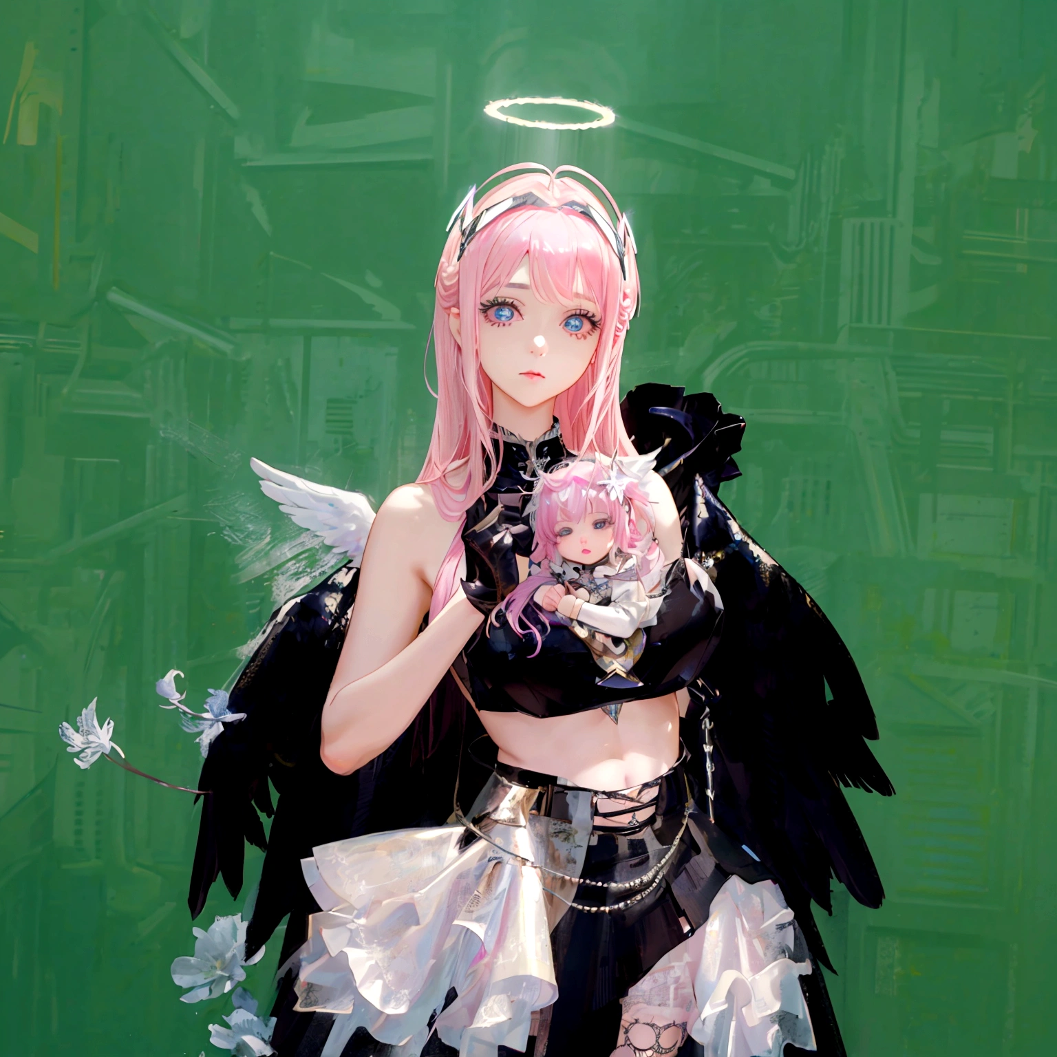 there is a woman with pink hair and angel wings posing, wearing angel halo, young wan angel, full - body majestic angel, wearing angel, villainess has black angel wings, angelic halo, angel halo, angel knight girl, as a mystical valkyrie, of an beautiful angel girl, kda, epic angel wings, npc with a saint's halo, angel knight gothic girl