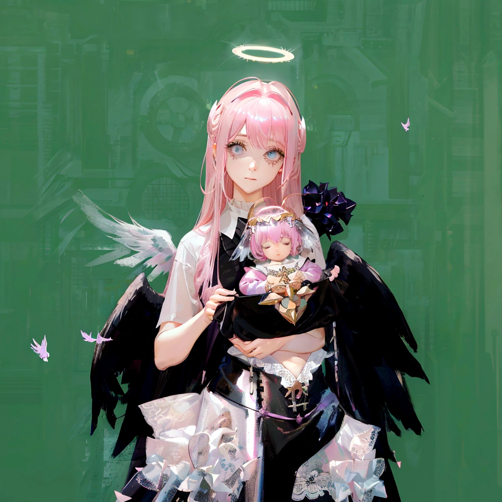 there is a woman with pink hair and angel wings posing, wearing angel halo, young wan angel, full - body majestic angel, wearing angel, villainess has black angel wings, angelic halo, angel halo, angel knight girl, as a mystical valkyrie, of an beautiful angel girl, kda, epic angel wings, npc with a saint's halo, angel knight gothic girl