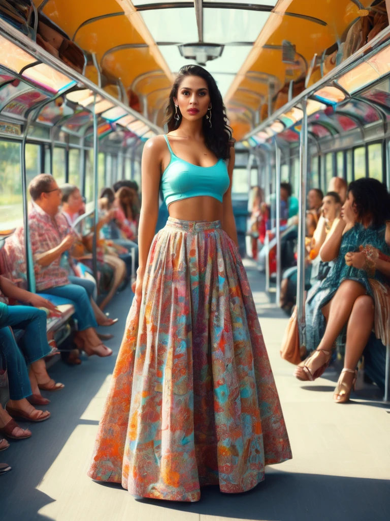 A woman standing in a bus queue. Beautiful woman, a mixed race latina model with a stunning figure. Trendy stylish woman. Wearing a long loose skirt, made from retro material inspired by old tablecloths 