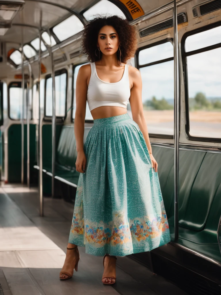 A woman standing in a bus queue. Beautiful woman, a mixed race latina model with a stunning figure. Trendy stylish woman. Wearing a long loose skirt, made from retro material inspired by old tablecloths 