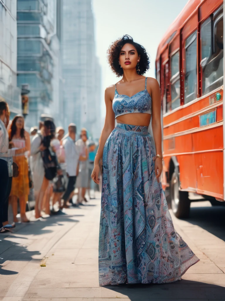 A woman standing in a bus queue. Beautiful woman, a mixed race latina model with a stunning figure. Trendy stylish woman. Wearing a long loose skirt, made from retro material inspired by old tablecloths 