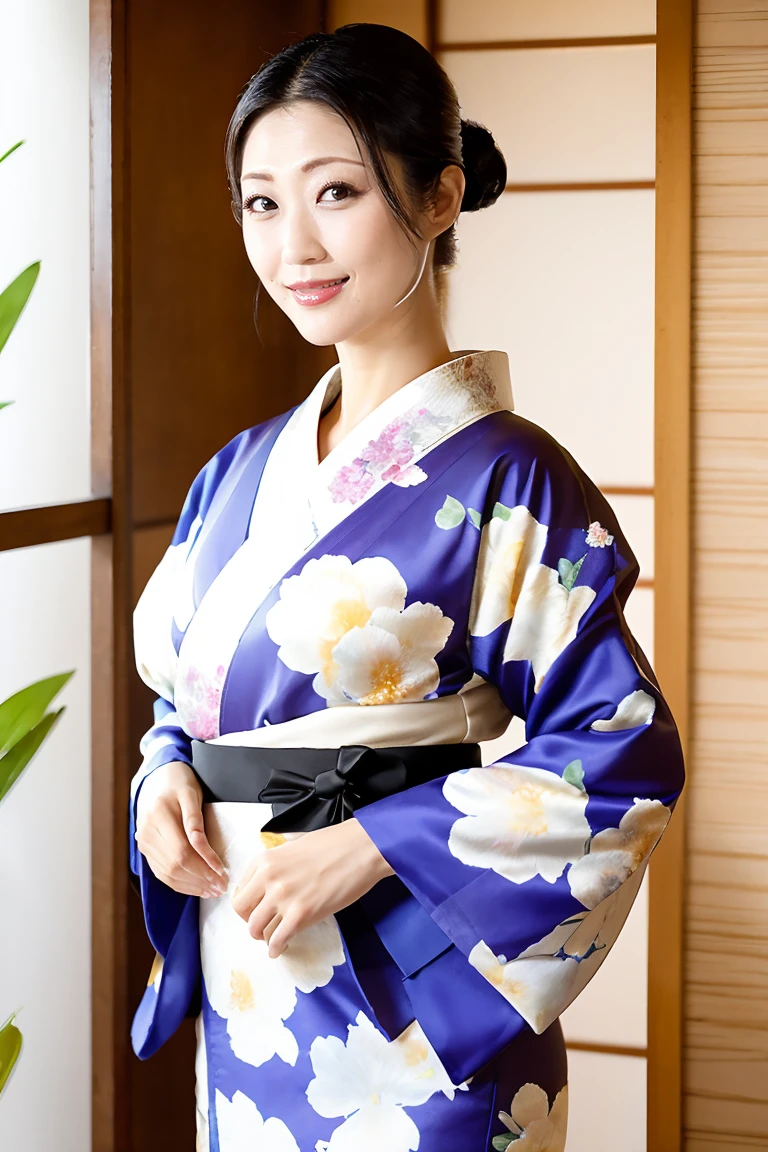 (最high quality、Tabletop、8K、Best image quality、Award-winning works)、(一人のbeautiful成熟した女性:1.1)、Adult face、(Innkeeper:1.1)、(Elegant floral kimono:1.2)、(A kimono with a perfect and precise collar:1.2)、Perfect mature woman portrait photo、Glowing Skin、Standing Elegantly、(Blurred elegant and exquisite perfect Japanese style room background:1.3)、(The most natural and perfect tidy Japanese style room background:1.2)、Glowing White Skin、Very white skin、(Accentuate your body lines:1.1)、(The most graceful posture:1.2)、(Large Breasts:1.2)、A perfect smile、完璧なbeautiful光沢のある唇、(Accurate anatomy:1.2)、(A perfect and elegant outfit:1.1)、(Standing with good posture:1.1)、(beautiful, high quality, Large kimono obi:1.2)、(Long kimono:1.2)、(完璧で自然なbeautiful袖:1.2)、(完璧で自然なbeautiful衿:1.2)、(完璧で自然なbeautiful着物:1.2)、(完璧で自然なbeautiful袂:1.2)、(完璧で自然なbeautiful帯締:1.2)、(Chignon:1.1)、(Natural and perfect wrist:1.1)、(Natural, slight belly swelling due to pregnancy:1.1)