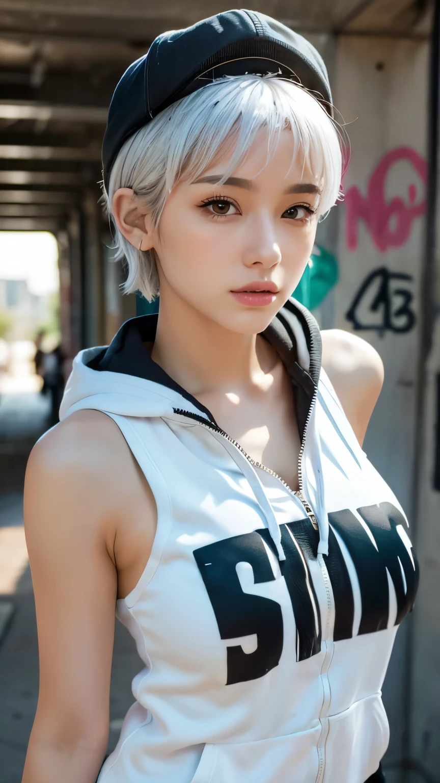 masterpiece, Highest quality, Very detailed, 8K, Realistic, One Girl, alone, Tomboy, Very detailed face, (head shot:1.5), Standing in front of a wall covered in hip hop graffiti, Pixie cut white hair, He is wearing a short tank top and an open-zipped hoodie..,I can see your chest,Nice ass,Wear a New Era cap,Facing forward