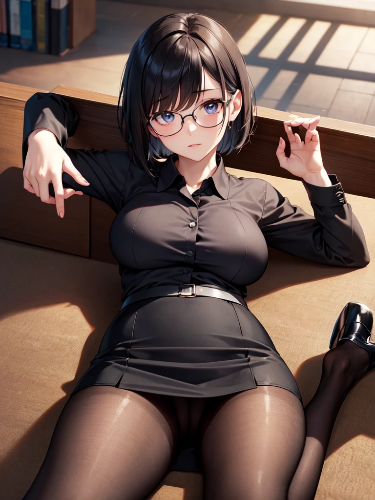 masterpiece, best quality, high definition images, atmospheric perspective, expressive eyes, perfect face, ultra detailed, solo, 1mature seductive woman lying down on her back, pinup, alluring pose, female teacher, black short bob hair, simple glasses, business suit, blouse, pencil skirt, tight mini skirt, lifting skirt, open legs, black panties, curvy, thighs, pantyhose, high heals, from above, in study room,