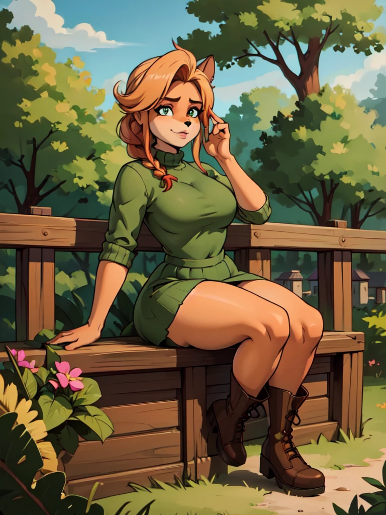 (best quality,4k,8k,highres,masterpiece:1.2),ultra-detailed,realistic:1.37,portrait,anthro bandicoot girl redhead, braided hair, beautiful green eyes, relaxing moment, sexy ,seductive, warm sweater dress, long skirt , stocking, army boots,