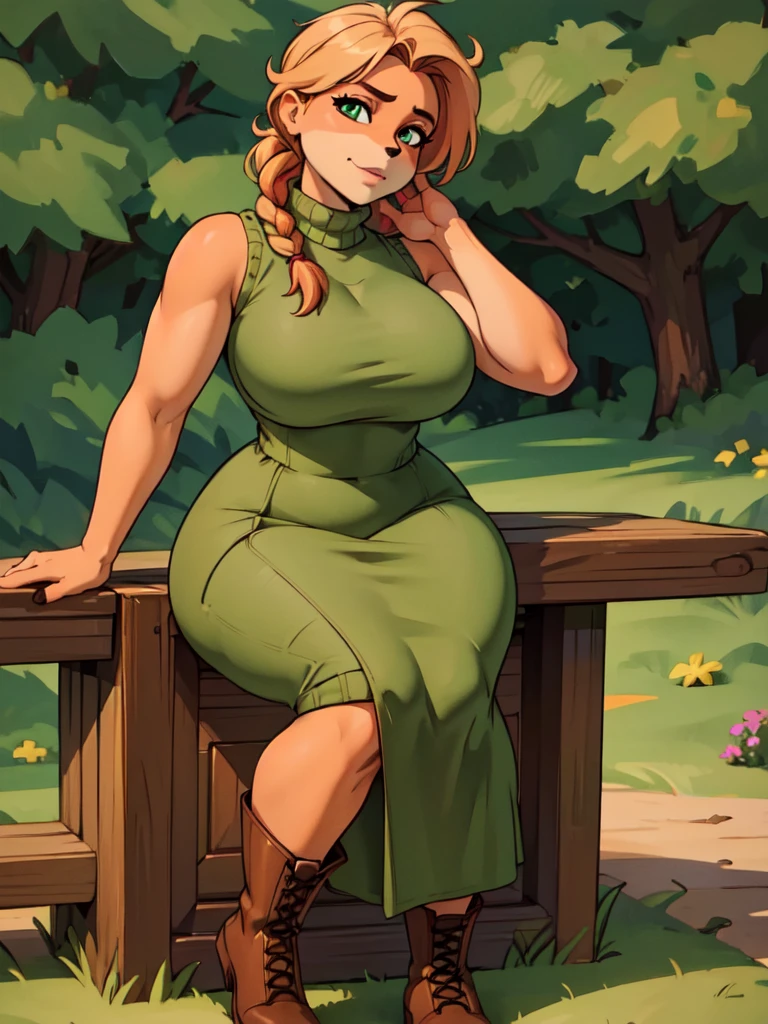 (best quality,4k,8k,highres,masterpiece:1.2),ultra-detailed,realistic:1.37,portrait,anthro bandicoot girl redhead, braided hair, beautiful green eyes, relaxing moment, sexy ,seductive, warm sweater dress, long skirt , stocking, army boots, 