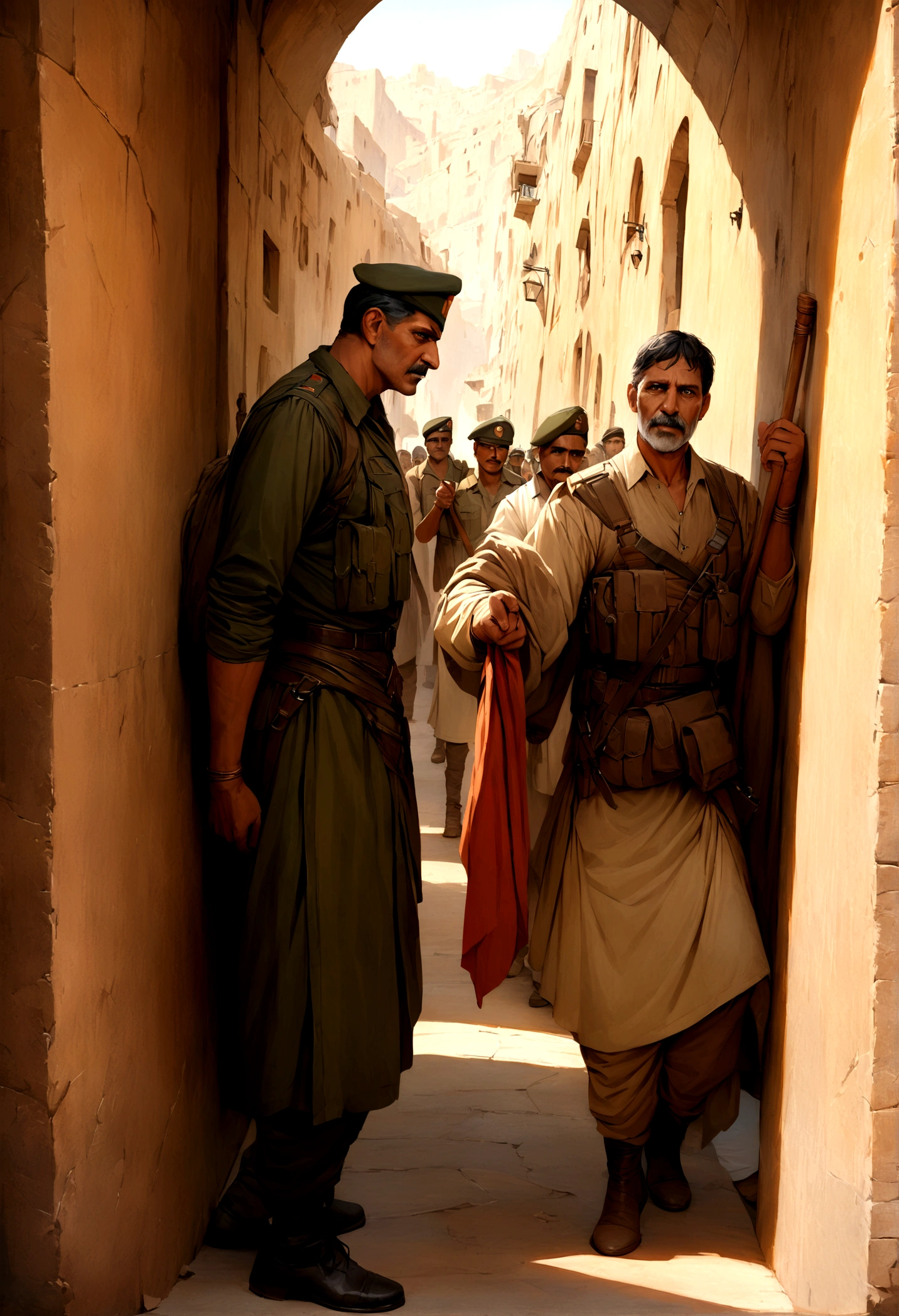 Create a Realistic image ,((best quality)), ((masterpiece)), (detailed), The corridor opens and the man comes out, indian soldier with flag