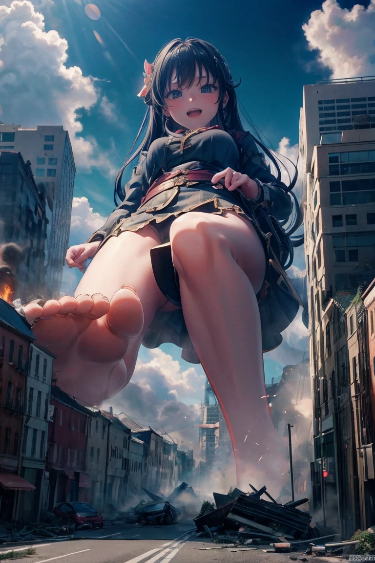 masterpiece、Highest quality、Giantess、Giantessのイラスト、smile、Open mouth and show teeth、beautiful身体、beautiful、Anime illustration、A small building being destroyed underfoot、Low - Angle、walk、Looming、I can see my feet、Draw a woman in a big way、Giantess、Hands on hips、giantess、Destroyed small town、Destroyed small building district、Smoke is rising、The fugitive々、Destructive illustration、A small city of buildings visible in the distance、