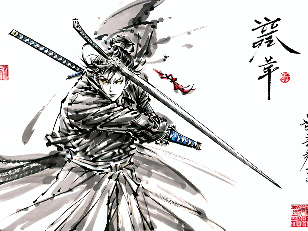 Samurai,Er Dao Liu,master piece,highest quality,ultra high resolution,Super detailed,8K、One-Armed Swordsman