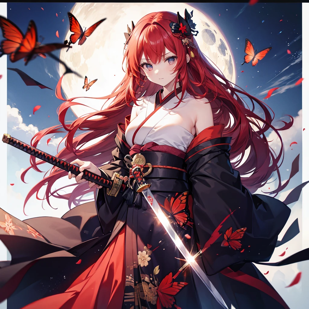 ((((Pulling out the sword 1 person)))) (((Redhead Long Hair Black kimono red band Goddess of victory))) ((Red butterfly night Japanese style shoulder old)) (moon star autumn) Shining Edge Shining Background