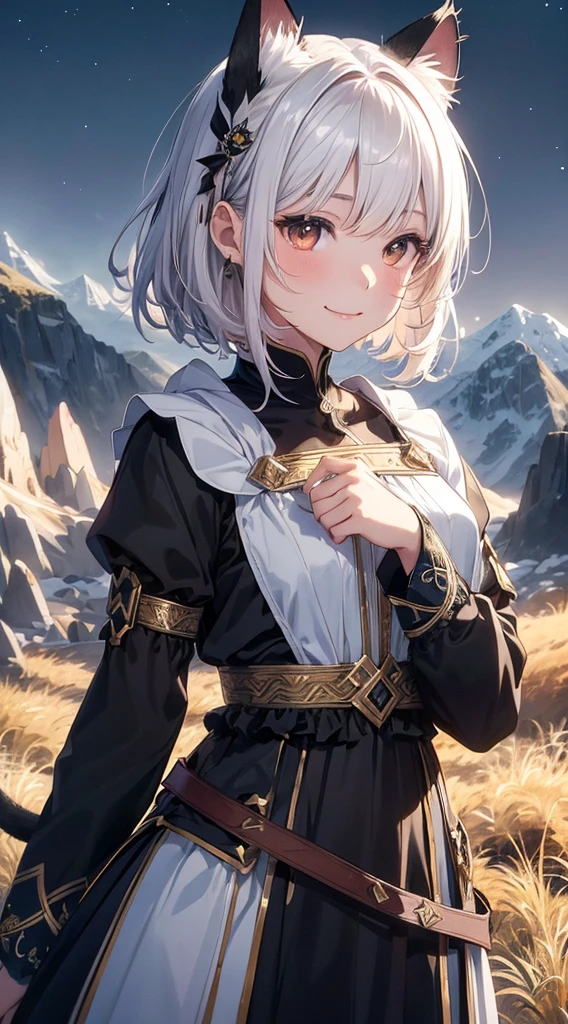 beautiful details한 소녀, clear and beautiful, glowing skin, female, no, young, 20 years, Short hair, Short hair, beautiful details glass hair, ((brilliant white, black greek costume)) beautiful details, warm face, beautiful and delicate eyes, middle 가슴, brown eyes, real skin texture, Very nice 8KCG wallpaper, Very cool 8K CG wallpaper, Watercolor (middle), female warrior, (((cat ears))), (((dark, dark Night, midnight))) (((nature background, mountain, wood))), ((outdoors)), upper body cut, Costume colors are colorful and saturated.., bright smile, calm posture, Informative pose, kindness, Subtle expressions