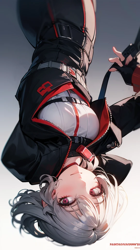 masterpiece, concept art, upside down, close up shot, like selfies, head to toe((must)), aschgray haired early 20's Russian girl, cyberpank fashion, wearing cyber punk fashion, background is mochabrown,Ilya Kuvshinov's style