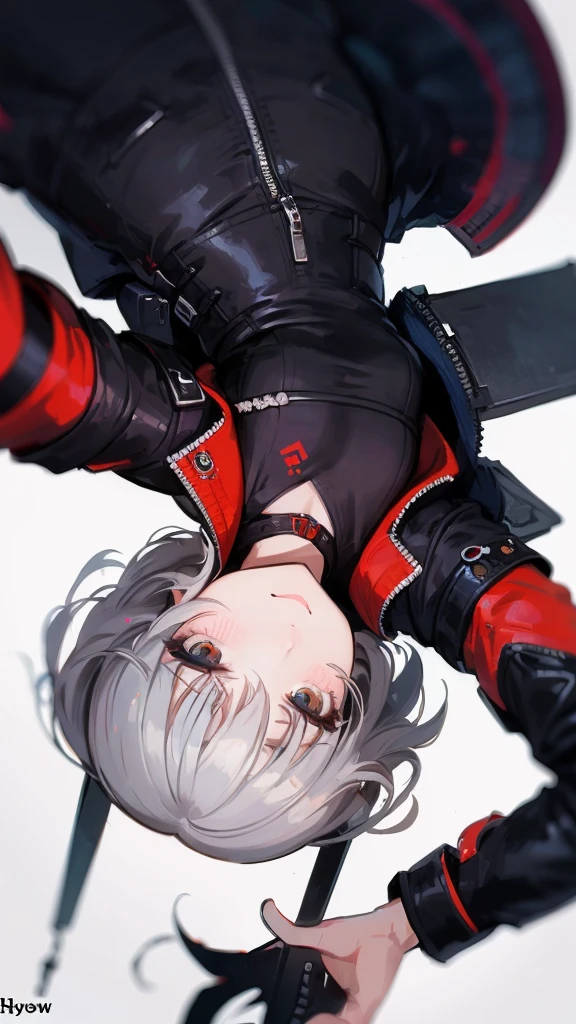 masterpiece, concept art, upside down, close up shot, like selfies, head to toe((must)), aschgray haired early 20's Russian girl, cyberpank fashion, wearing cyber punk fashion, background is mochabrown,Ilya Kuvshinov's style