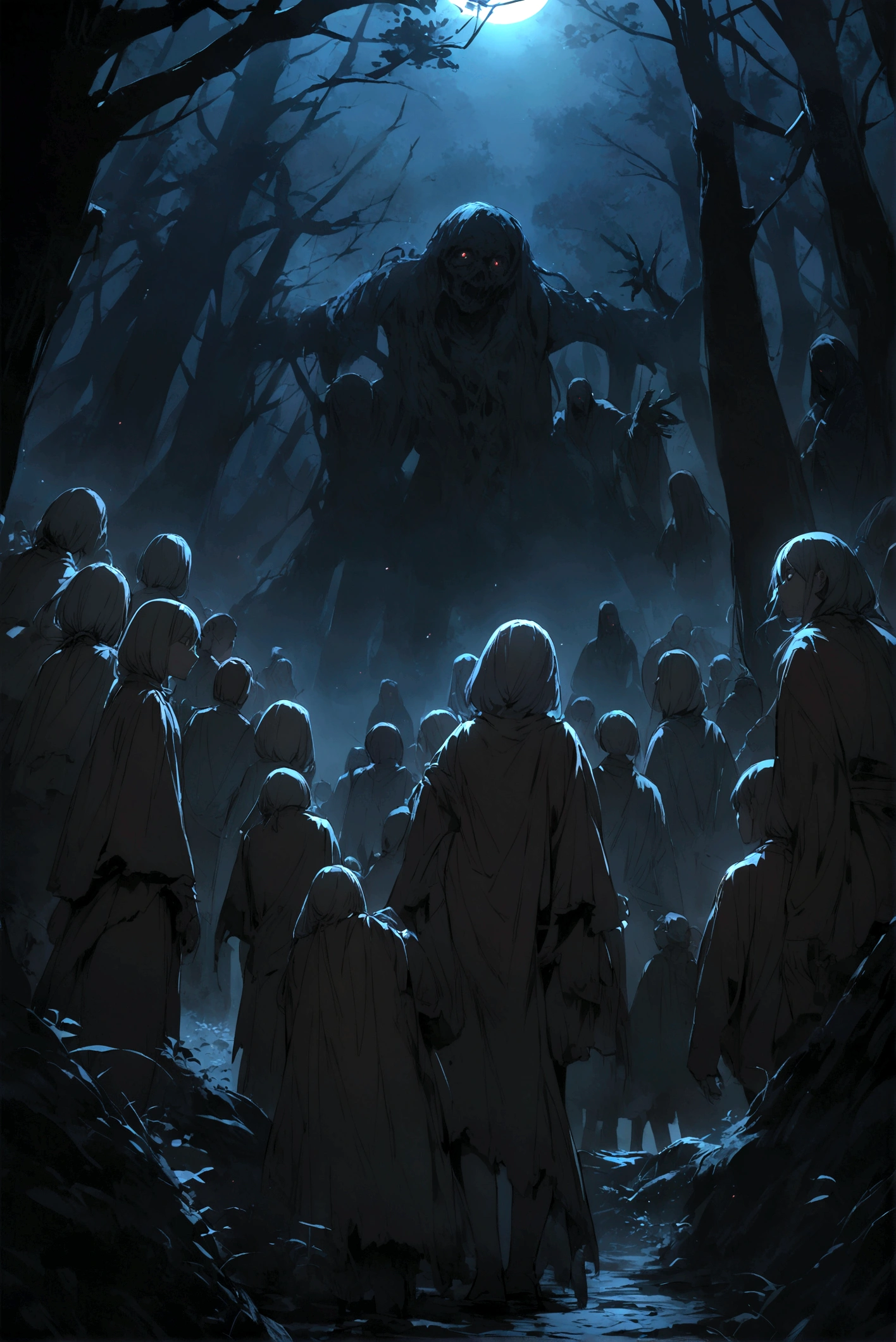 Night time and 7 people are looking at the Forest which looks dangerous and creepy 