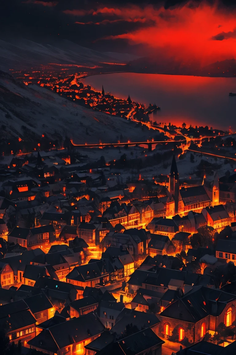 old European village shot with bird view, (Red glowing eyes), masterpiece, Depth of written boundary, Lutz, Gwaites style artwork, Gothic aesthetics, Dark Vampire village, ((in the dark gothic style cathle:1)), ((dark mid-night time:1.5)),