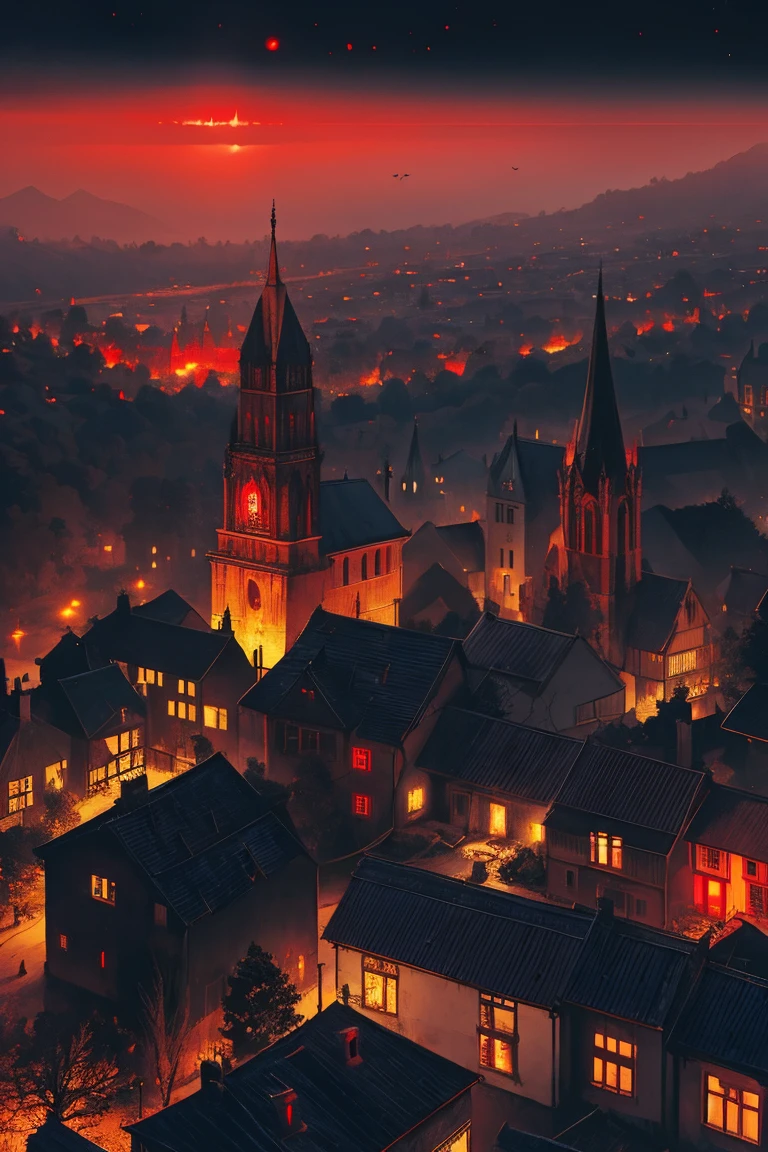 old European village shot with bird view, (Red glowing eyes), masterpiece, Depth of written boundary, Lutz, Gwaites style artwork, Gothic aesthetics, Dark Vampire village, ((in the dark gothic style cathle:1)), ((dark mid-night time:1.5)),