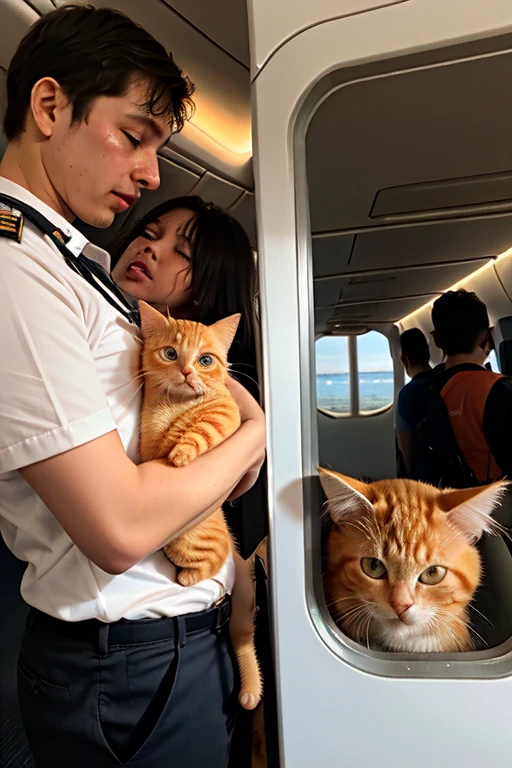 Write a Story of "an orange chubby cat traveling with his chubby orange kitten from the airport to a plane crash. Scene 1: Airport, Scene 2: Inside airplane, Scene 3: Plane going down, Scene 4: Chubby cat is crying near broken plane, Scene 5: Rescue team taking them to hospital." one line image Prompt story mode