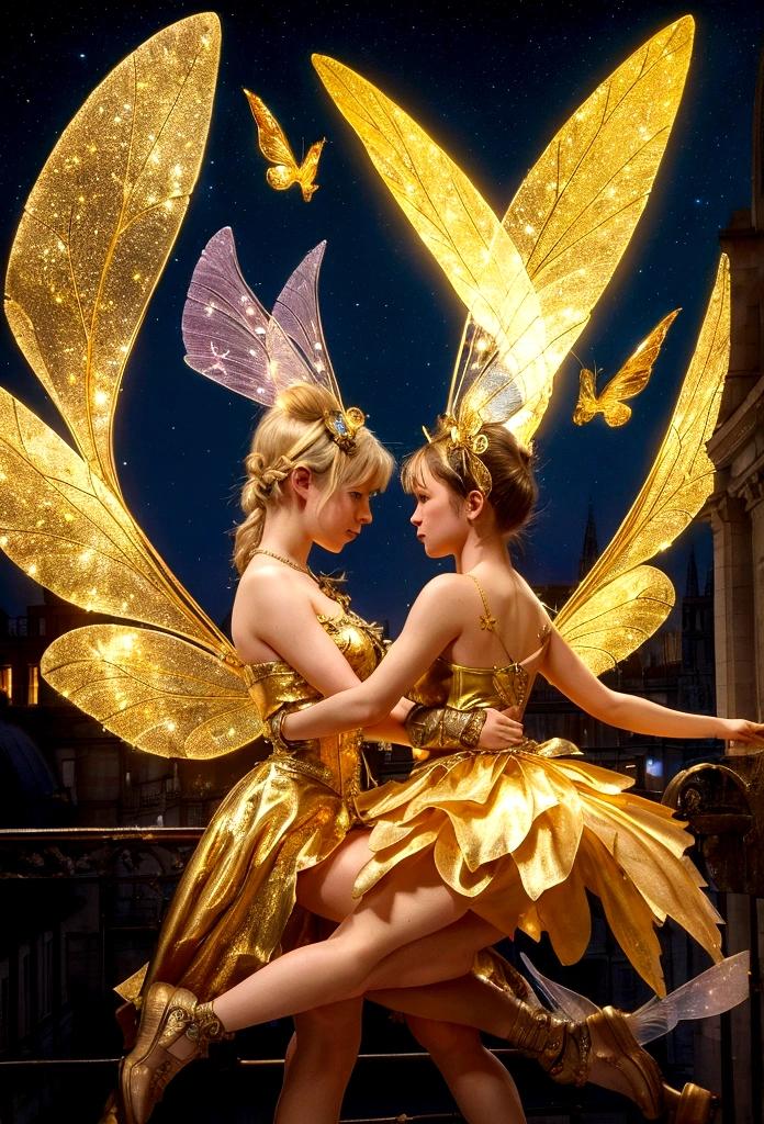 Fairies, Tinkerbell, 18th century girl, beautiful girl, two people flying in the night sky, dancing gold dust, fairy and girl gilded by gold dust, London at night, countless lights in the city, steampunk,