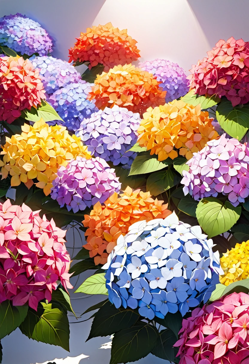 installation, best quality, super fine, 16k, 2.5D, delicate and dynamic depiction, hydrangeas, warm colors, suffocating scents