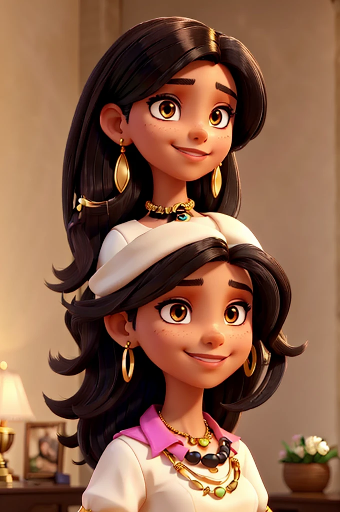 "A woman with light brown skin and long, slightly wavy black hair. She wears light makeup with eye highlights with eyeliner and eyeshadow, as well as vibrant pink lipstick. She wears a white blouse with black details and wears a pair of large gold earrings, as well as a delicate gold necklace. His look is direct and friendly, with a slight smile on his lips. The lighting is soft and the background is clear and blurred."