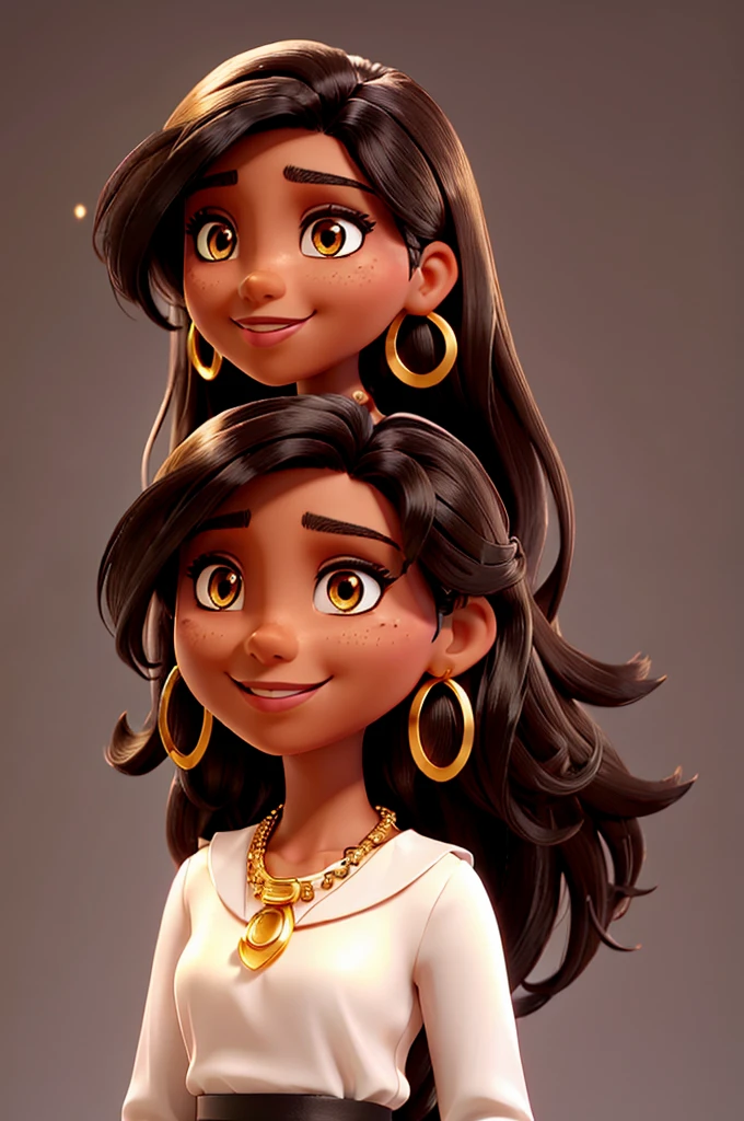 "A woman with light brown skin and long, slightly wavy black hair. She wears light makeup with eye highlights with eyeliner and eyeshadow, as well as vibrant pink lipstick. She wears a white blouse with black details and wears a pair of large gold earrings, as well as a delicate gold necklace. His look is direct and friendly, with a slight smile on his lips. The lighting is soft and the background is clear and blurred."