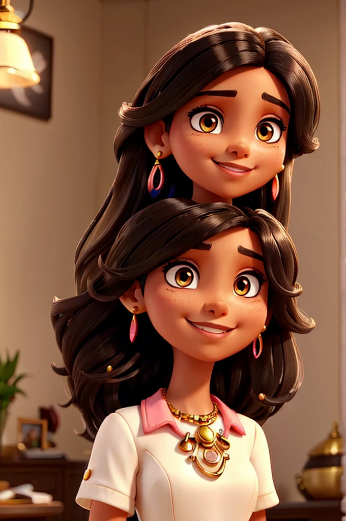"A woman with light brown skin and long, slightly wavy black hair. She wears light makeup with eye highlights with eyeliner and eyeshadow, as well as vibrant pink lipstick. She wears a white blouse with black details and wears a pair of large gold earrings, as well as a delicate gold necklace. His look is direct and friendly, with a slight smile on his lips. The lighting is soft and the background is clear and blurred."