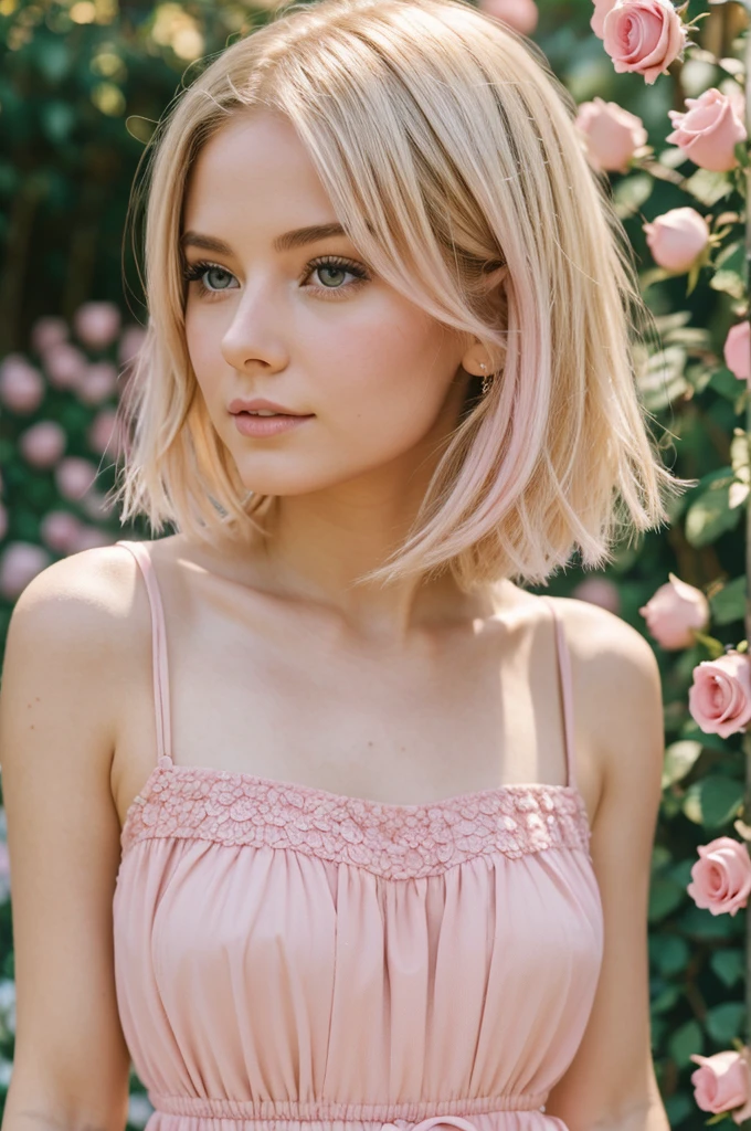 8k, RAW photo, Fujifilm, style photo of a beautiful young woman as avril in a garden of light pink roses (highly detailed skin: 1.2) Style-Petal BREAK short hair, blonde hair with colored locks, wearing a dress, film granulation, 35mm, cute style